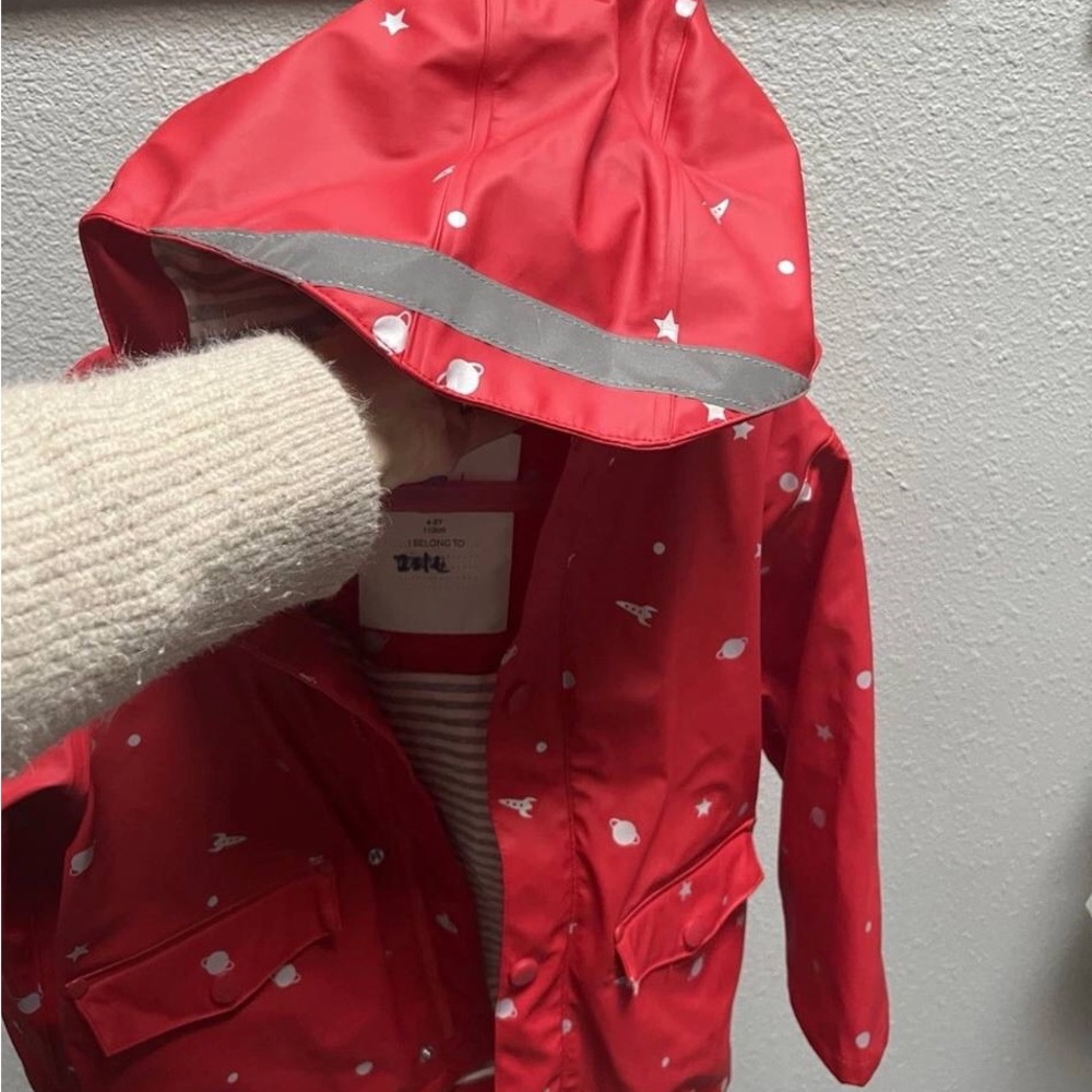 Mini Boden Red Space-Print Hooded Raincoat - Picture 2 of 8